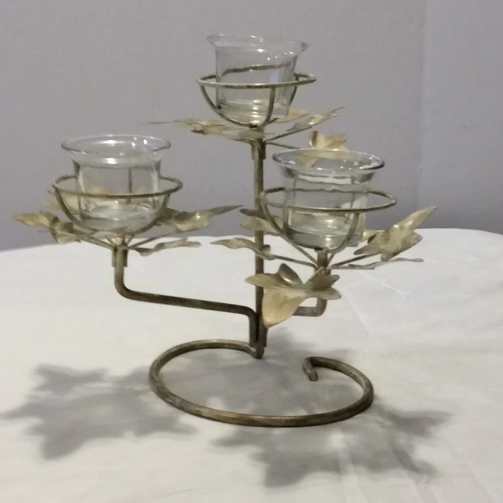 Leaf Tea Lite 3 Votive Candle Holder Cream white with gold